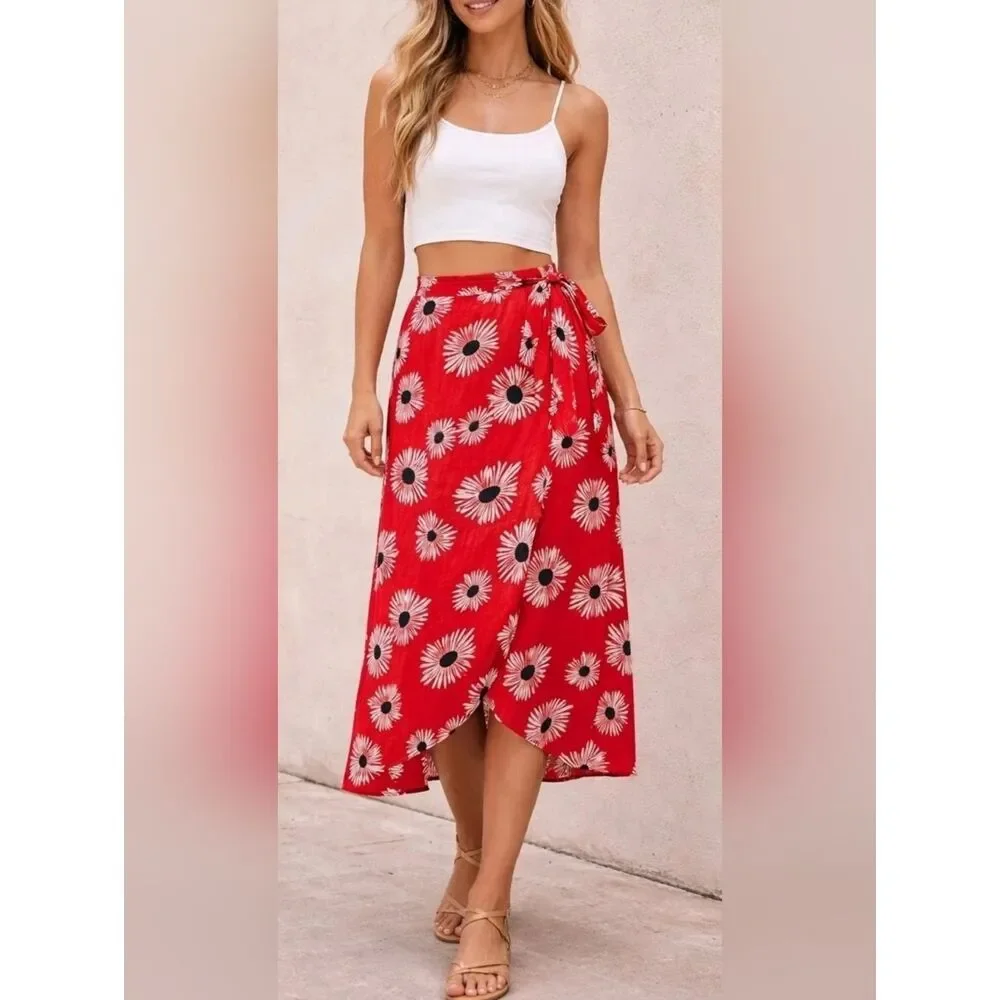 Anthropologie Conversations Limited Red Floral Wrap Skirt Size XS Boho Flowy - Picture 1 of 9